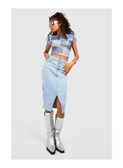 Buy High Waisted Split Front Denim Midi Skirt in UAE