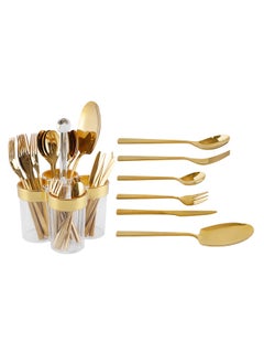 اشتري LIFE SMILE 63-Piece Premium Cutlery Set, 18/10 Pure Stainless Steel Flatware Set with Stand, High Qulaity Rust Proof & Fade Proof Dinnerware Set (Shine Gold) في الامارات