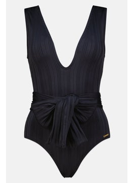 اشتري Women One Piece Ribbed Belted Swimwear, Black في الامارات