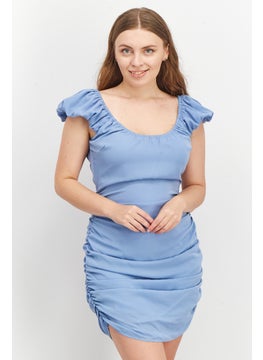 Buy Women Solid Side Ruched Puffed Sleeve Casual Mini Dress, Blue in UAE