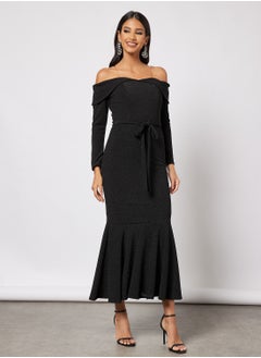 Buy Off Shoulder Bodycon With Flare Hem Dress in UAE