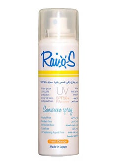 Buy Raios Sunscreen Sray for Face Body and Hair  SPF50+ Fresh Orange Fragrance UVA/UVB Protection Water Resistance Non Greasy Formula 70 ml in UAE