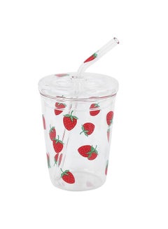 Buy Heat resisting Clear Strawberry Pattern Coffee Juice Drinking Water Glass Cup with Straw Lid in Saudi Arabia