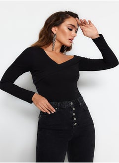 Buy Black Cotton Stretchy Flounce Fitted Crop Knitted Blouse TWOAW24BZ00161 in Egypt