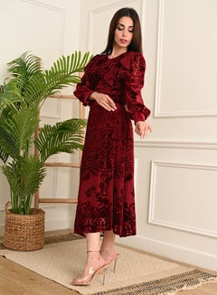 Buy Floral ruffled velvet dress with long sleeves and a belt at the waist, Maroon in Saudi Arabia