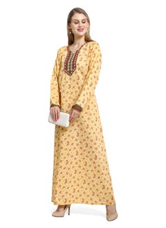 Buy LONG VISCOSE PRINTED AND NECK EMBROIDERED STYLISH ARABIC KAFTAN JALABIYA DRESS in UAE