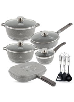 Buy Cookware Set Granite Non-Stick 100% PFOA Free Induction Base 17 pieces Pots and Pans Set with Lid Include Casseroles, Saute Pan, Sauce Pan, Double Grill Pan, Cooking Utensils in UAE