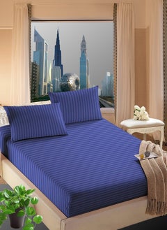 اشتري Navy Blue Striped Bed Sheet Sets Cotton 3 Piece Set Deep Pocket 200x200+25cm في الامارات