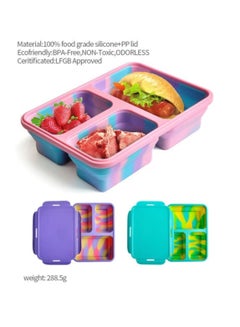 Buy Silicone lunch box-collapsible,3 compartment in pantone color,microwaveable-durable,BPA free,reusable,leak-proof,non toxic,odorless,tasteless food storage container in UAE