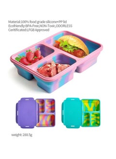 Buy Silicone lunch box-collapsible,3 compartment in pantone color,microwaveable-durable,BPA free,reusable,leak-proof,non toxic,odorless,tasteless food storage container in UAE