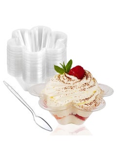 Buy 200PCS 8oz Clear Plastic Dessert Cups with Spoons, Disposable Flower Shaped Ice Cream Bowls, Party Serving Bowls for Ice Cream, Nuts and Salad, Trifle Tasters Containers, for Appetizer for Party in UAE