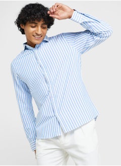 Buy Blue Classic Slim Fit Striped Pure Cotton Casual Shirt in UAE