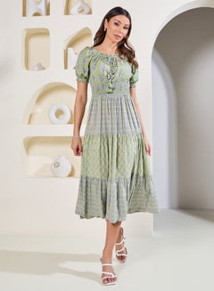 Buy Boho Print Smocked Detail Midi Dress with Tassel Detail in Saudi Arabia