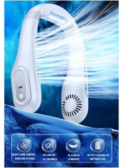 Buy Neck Fan USB Rechargeable With 3 Speeds Digital Display And Bladeless Operated Portable Fan Hands Free Personal Fan For Outdoor (White) in Saudi Arabia