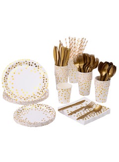 Buy 200Pcs Disposable Cutlery Disposable Paper Tableware Set for 25 Guests Dinnerware Plates Forks Knives Spoons Cups Napkins Straws for Wedding, Baby Shower, Birthday Party Supplies in Saudi Arabia
