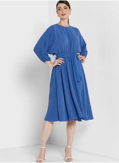 Buy Puffed Sleeve Self Tie Midi Dress in UAE