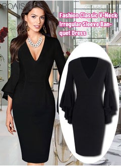 Buy Women's Hip Wrap Dress Fashion Stretch Tight Dress Ruffles Cuffs Dress in UAE