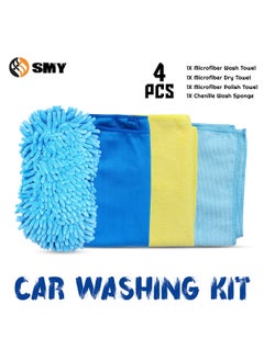 Buy 4-Piece Car Washing Kit with Microfiber Towels, Chenille Sponge - Wash, Dry, and Polish - SMY in Saudi Arabia