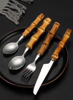 Buy Bamboo Tableware Set Stainless Steel Cutlery Set Natural Bamboo Flatware Stainless Steel Bamboo Utensil Bamboo Cutlery Bamboo Handle Utensil Set (Silver-4 Pcs) in UAE