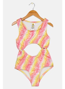 Buy Kids Girl Allover Print One Piece Swimsuit, Pink/Yellow in UAE