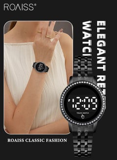Buy Women's Digital Touch Screen Watch Led Display Round Dial with Rhinestones Decorated Bezel Waterproof Luminous Stainless Steel Strap Wristwatch with Calendar Display, Black in UAE