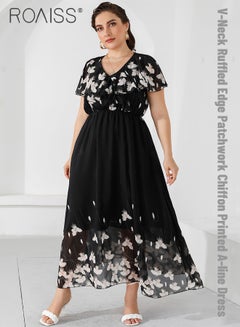 اشتري Women'S Chiffon Printed Banquet Dress Ruffled V-Neck Design Elastic Material With Elastic Waist Printed Ankle Length Large Size Dress في السعودية