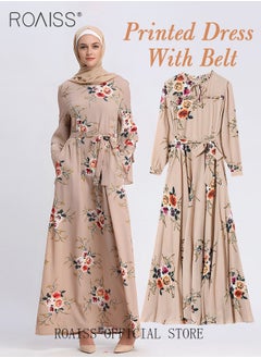 اشتري Ladies Dress Waisted Slim Long Sleeve Large Skirt Hem Printed Dress with Belt for Women Ladies Party Ramadan Eid al-Adha في الامارات