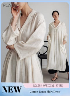 Buy Women's Casual Cotton Linen Dress Classic Lapel V-Neckline Loose Long Sleeved Side Slit Fashion Dress in UAE