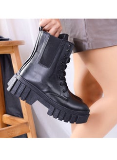 Buy Ankle Boot Leather Mid Heels With Elastic E-25 - Black in Egypt