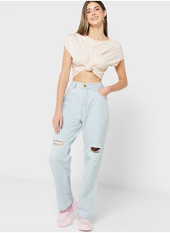 Buy Mom Fit Jeans With Distress Detail in Saudi Arabia