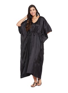 Buy Women Plus Size Silky Satin Black Maxi Nightgown Sleep Dress Long Kaftan for Ladies in UAE