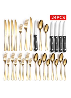 اشتري Kitchen And Household Flatware Set, 24-Piece Silver Flatware Set With Knife, Fork, Spoon And Steak Knife, Serves 4, Striped Handle Design, Dishwasher Safe, Silver في الامارات