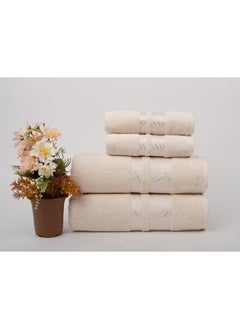 Buy 4 Piece Bathroom Towel Set - TRACK - 500 GSM - 100% Cotton Terry - Jacquard Border- 2 Bath Towel 70X140 cm & 2 Hand Towel 50x90 cm- Luxury Touch - Extra Absorbent- Cream in UAE