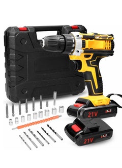 اشتري 2 Batteries Power Drill 21V Cordless Electric Drill Brush Motor 2 Speeds Adjustment 18 Gears of Torque Adjustable Holes Drilling Machine في السعودية