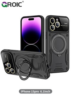 Buy Magnetic Case for iPhone 15 Pro 6.1" Case with Invisible Magnetic Ring Stand Compatible with MagSafe, Full Camera Lens Protection,Anti-Fingerprint, Shockproof Protective in UAE