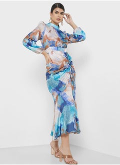 Buy Ruched Dress In Blurred Print in Saudi Arabia