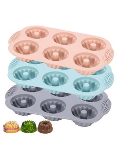 اشتري Mini Bundt Cake Pan 3pcs Silicone Fluted Tube Cake Pans, 6Cavity Heritage Bundtlette Cake Silicone Mold for Baking Non Stick Fancy Molds (Pink+Blue+Gray, Fluted Tube) في الامارات