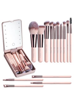 Buy Makeup Brush Set Foundation Powder Concealers Eye Shadows Makeup Set with LED light Mirror 14 Pcs Pink in UAE