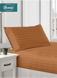 Buy Rose Luxurious Hotel Stripe Fitted Sheet with Deep Pockets and Pillow Case, Bed Sheet 2-Pieces Set, Soft & Silky Microfiber Breathable and Cooling, Extra Twin Size 120x200+35 cm, Brown in Saudi Arabia