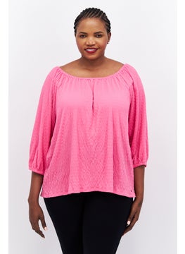 Buy Women Curvy Fit Off Shoulder Elbow Sleeve Shirred Blouse, Pink in UAE