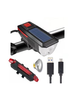 اشتري Bicycle Light Set LED Bike Headlight 800 Lumen USB Rechargeable Solar Energy 3 Light Modes Bike Light IP65 Waterproof with Taillight and Trumpet Accessories for Bicycle Cycling في الامارات