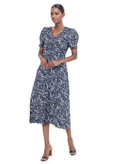 اشتري Short Sleeve V-Neck Midi Dress with Puff Sleeves - Navy and White Print في الامارات