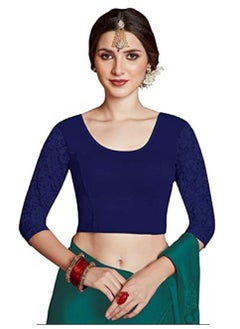 اشتري Crazy Bachat Women's Readymade Indian Designer 3/4 net Stretchable Royal Blue Blouse for Saree Crop Top في الامارات