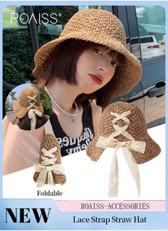 اشتري Women's Lace Strap Straw Hat, Foldable Breathable Wide Brim Sun Hat with Bow Decoration for Summer Beach Seaside Vacation Fashion Accessories في الامارات