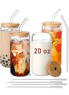 Buy 20 Oz Drinking Glasses with Bamboo Lids and Glass Straw - 4 Pcs Can Shaped Glass Cups Beer & Ice Coffee Glasses Cute Tumbler Cup Great for Soda Boba Tea Cocktail Include 4 Cleaning Brushes in UAE