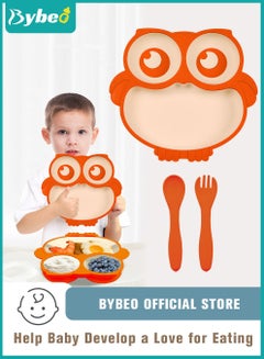 Buy 3 PCS Baby Silicone Suction Plate with Spoon and Fork, Adorable Owl Shape Infant Divided Plates, Babies Feeding Set, First Stage Toddler Utensils - Babies Led Weaning Supplies in UAE