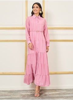 اشتري Striped Tiered Shirt Maxi Dress with Buckle Self Tie Up في السعودية