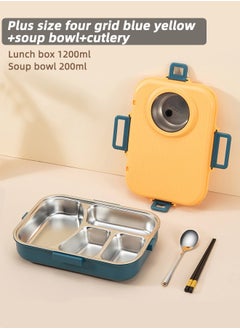 Buy 304 Stainless Steel Lunch Box with 200ML Soup Bowl and 4 Compartments For Kids/Adults 1400ML Large Capacity Bento Box Yellow/Navy in UAE