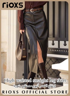 Buy Women's Casual Classic Bodycon Pencil Skirt Slim Split Straight Leather Skirt High Waist Mid-Length Skirt in UAE
