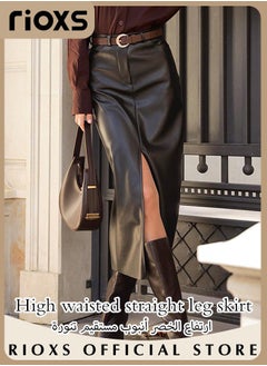 Buy Women's Casual Classic Bodycon Pencil Skirt Slim Split Straight Leather Skirt High Waist Mid-Length Skirt in Saudi Arabia